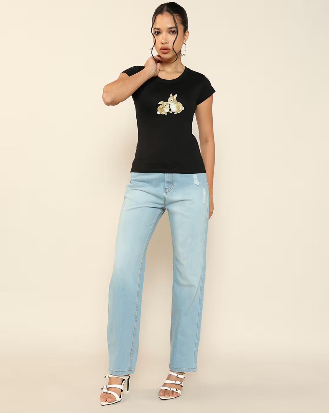 Shein Women Short Sleeve Graphic Chest Print Crew Tshirt