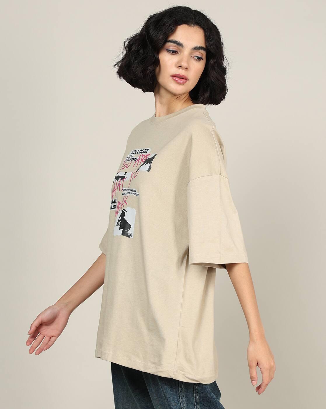 Shein Women Drop Shoulder Typographic Chest Print Crew Tshirt