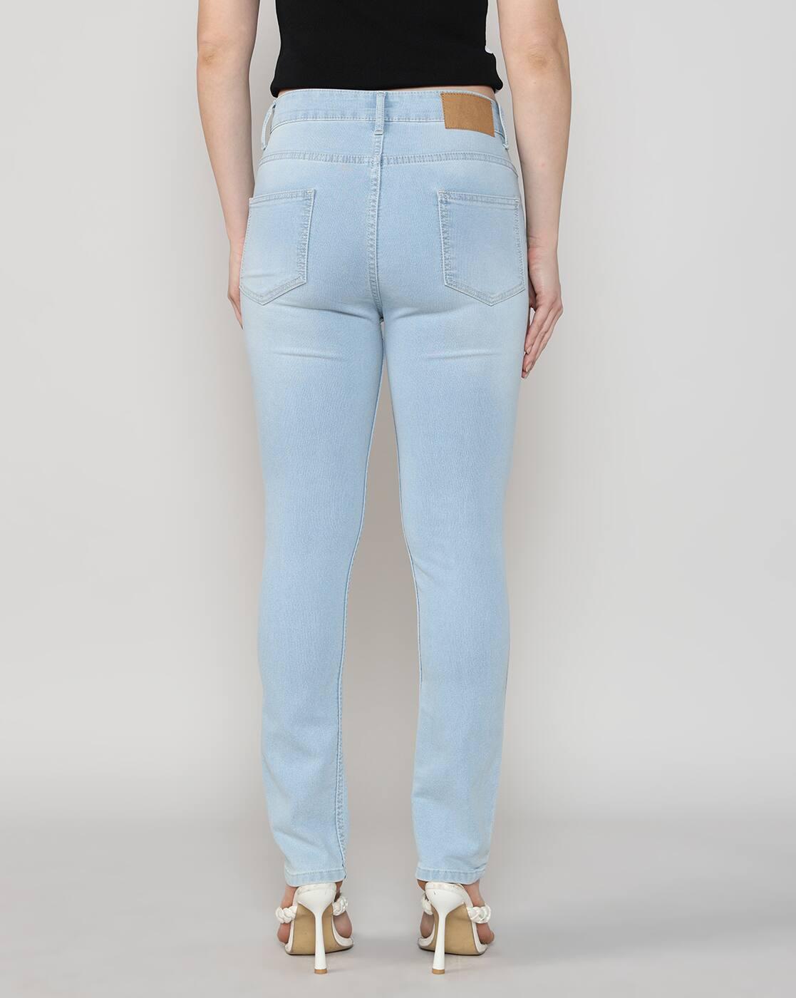 Shein Women Fly With Button Closure Light Wash Distressed Jeans
