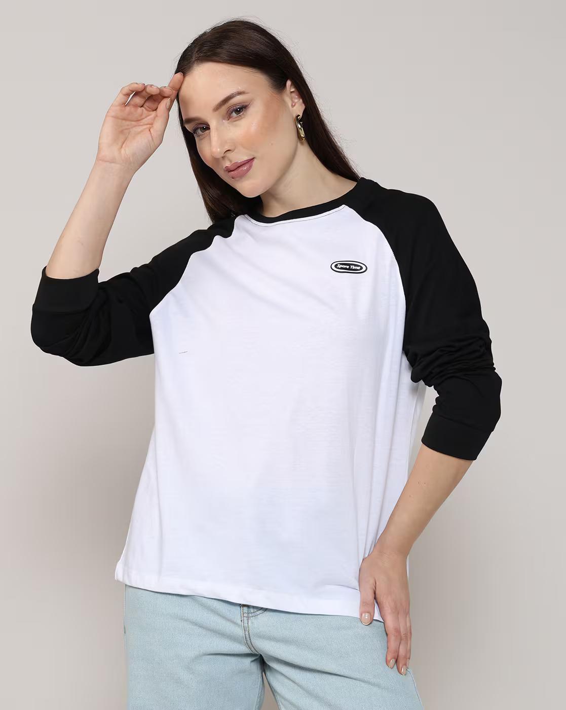 Shein Women Raglan Sleeve Typographic Print Colour-Block Tshirt