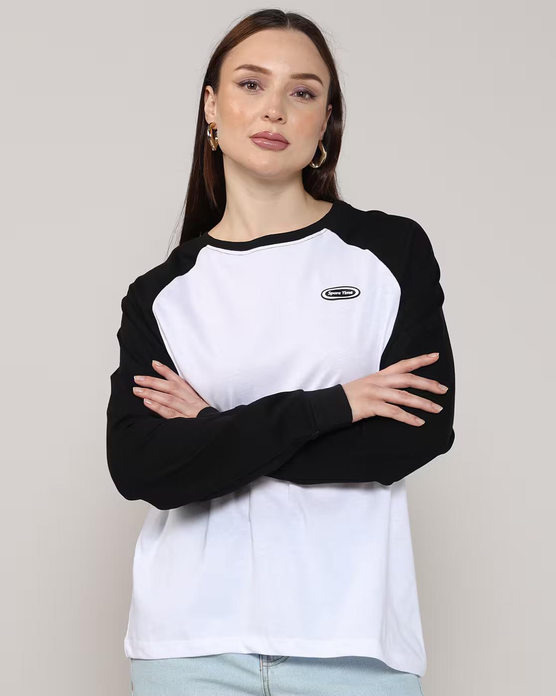 Shein Women Raglan Sleeve Typographic Print Colour-Block Tshirt