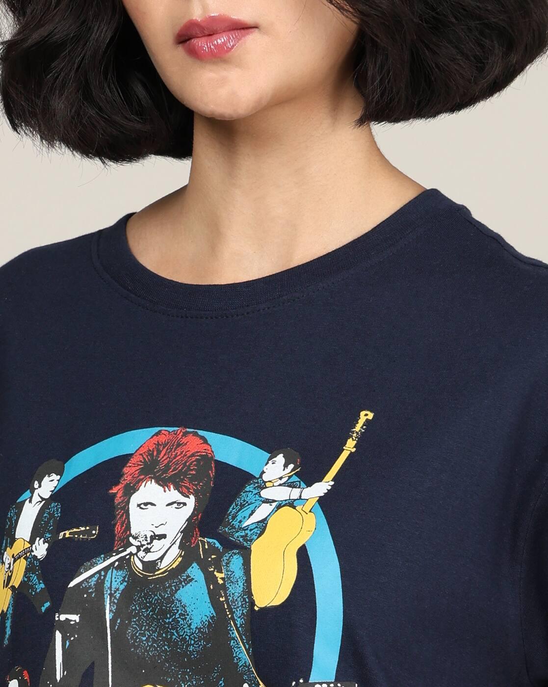 Shein Women Short Sleeve David Bowie Chest Print Crew Tshirt