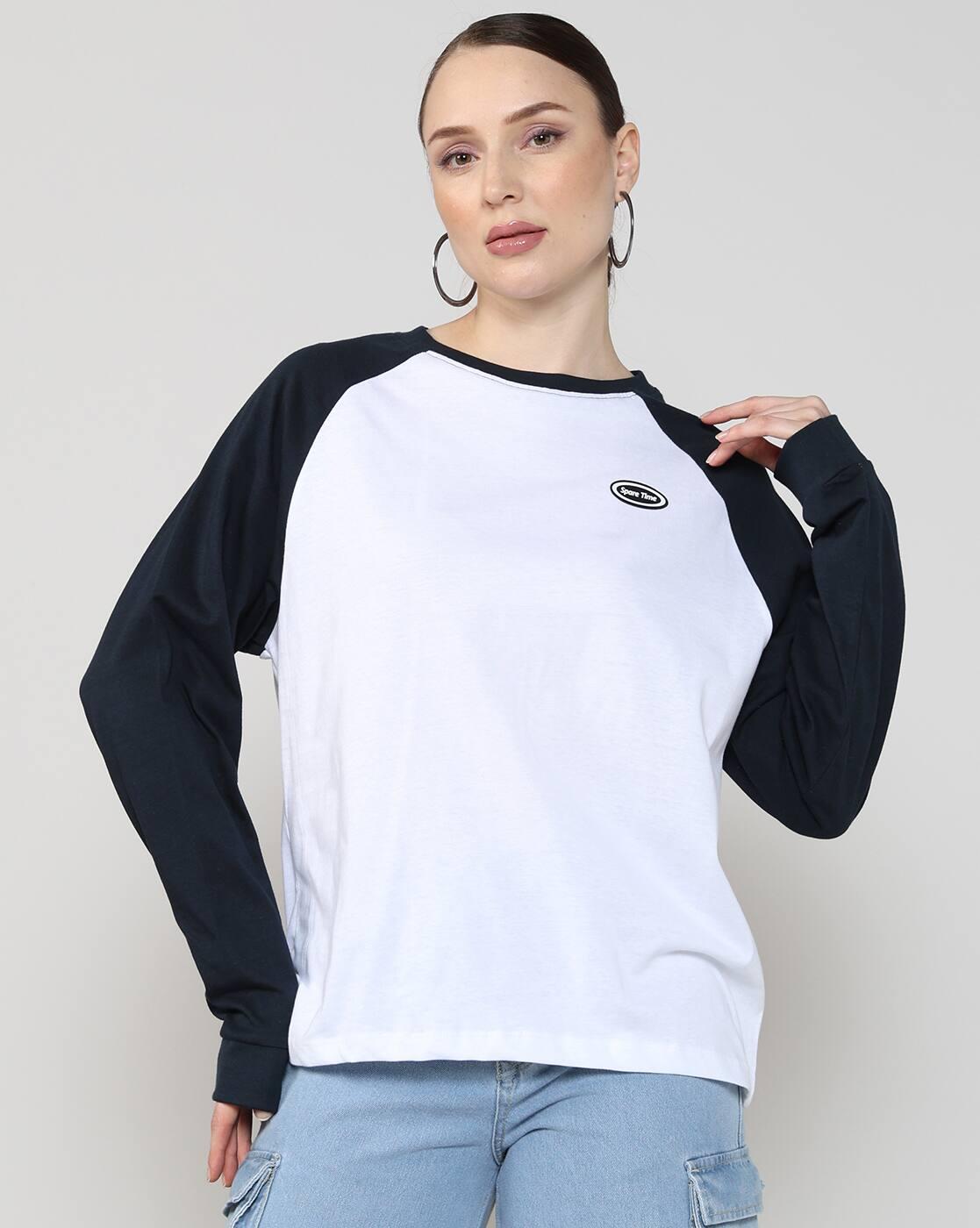 Shein Women Raglan Sleeve Typographic Print Colour-Block Tshirt