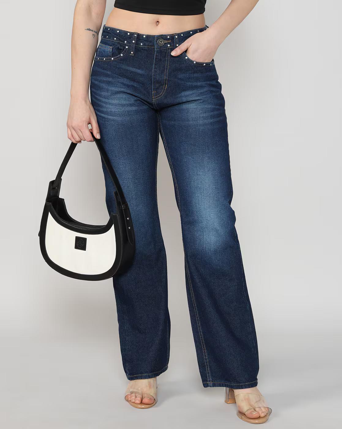 Shein Women Full Length Fly With Button Closure Mid Wash Jeans