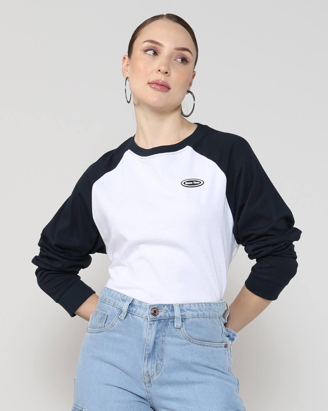 Shein Women Raglan Sleeve Typographic Print Colour-Block Tshirt