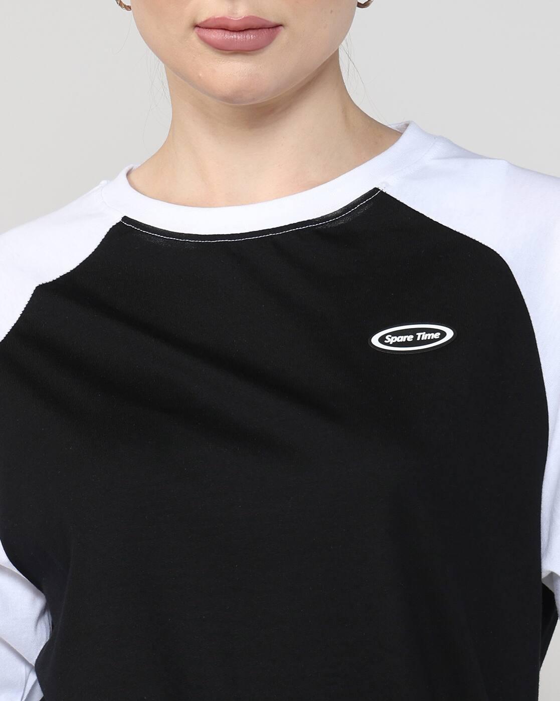 Shein Women Raglan Sleeve Typographic Print Colour-Block Tshirt