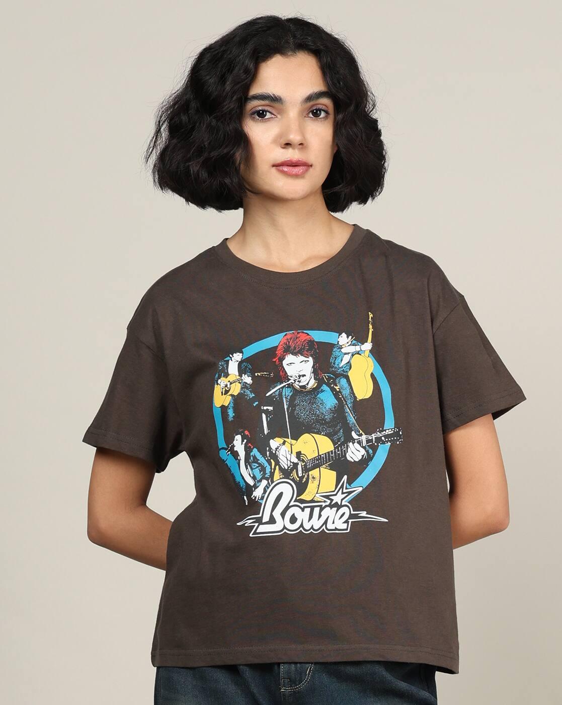 Shein Women Short Sleeve David Bowie Chest Print Crew Tshirt
