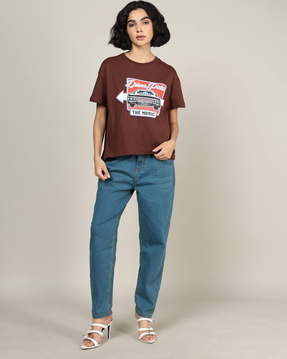 Shein Women Short Sleeve Graphic Chest Print Crew Tshirt
