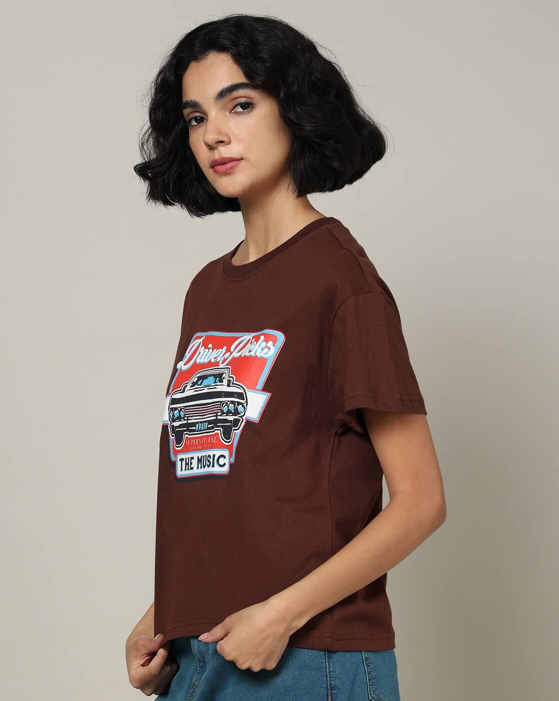 Shein Women Short Sleeve Graphic Chest Print Crew Tshirt