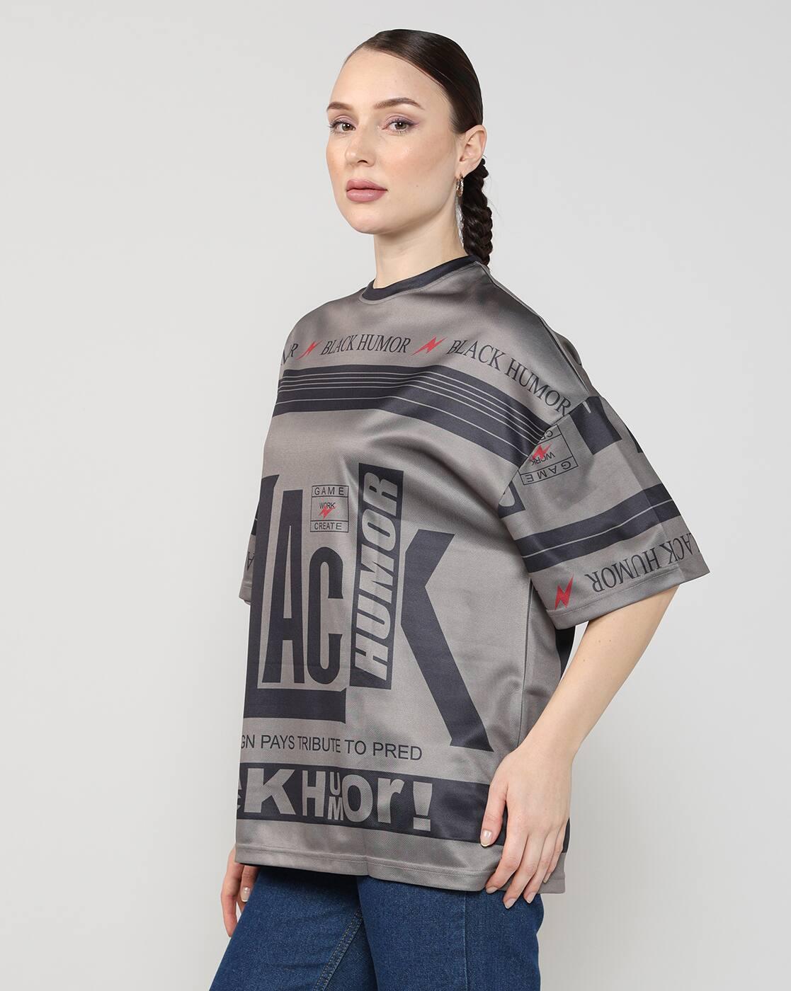 Shein Women Drop Shoulder Typographic All Over Print Crew Tshirt