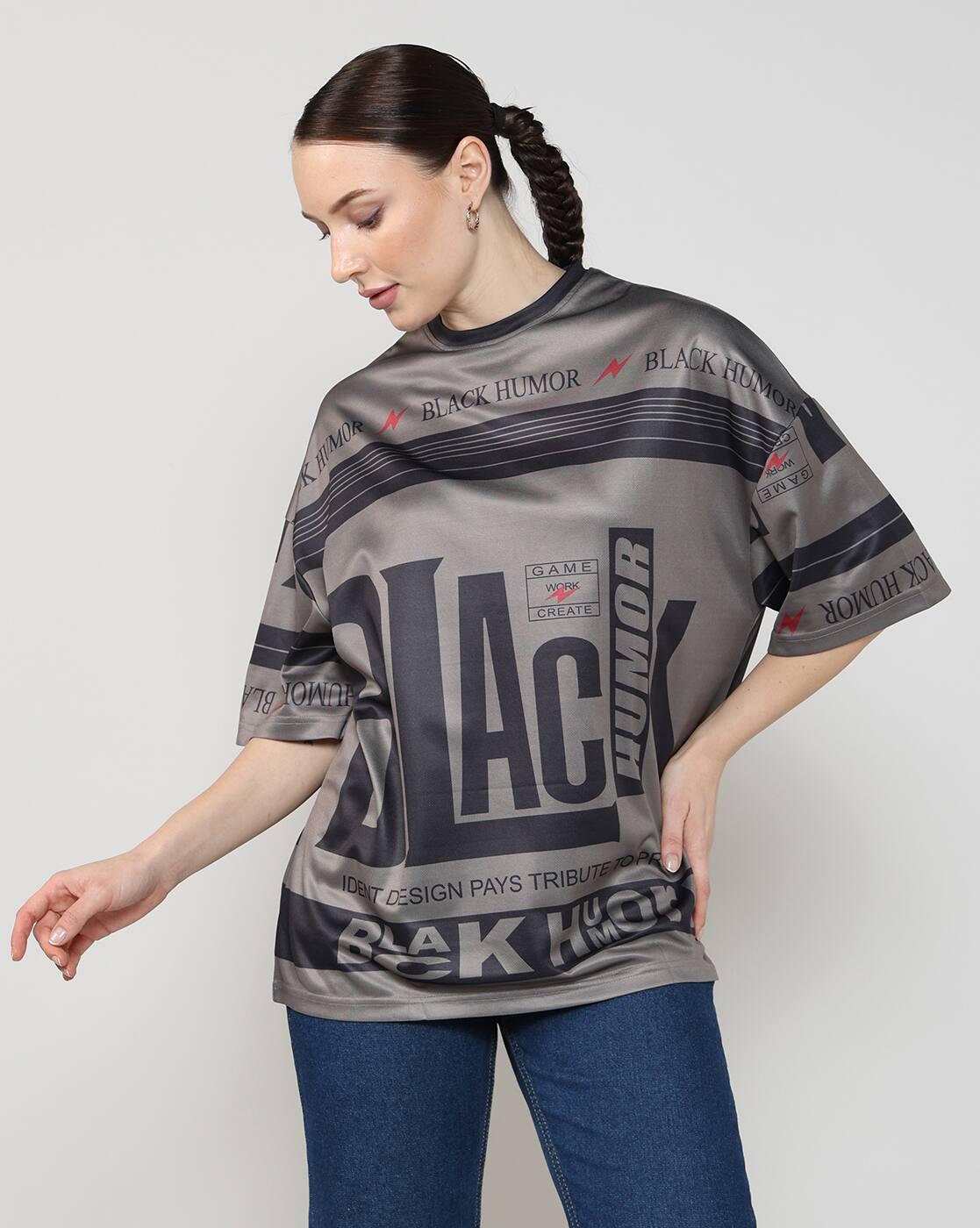 Shein Women Drop Shoulder Typographic All Over Print Crew Tshirt