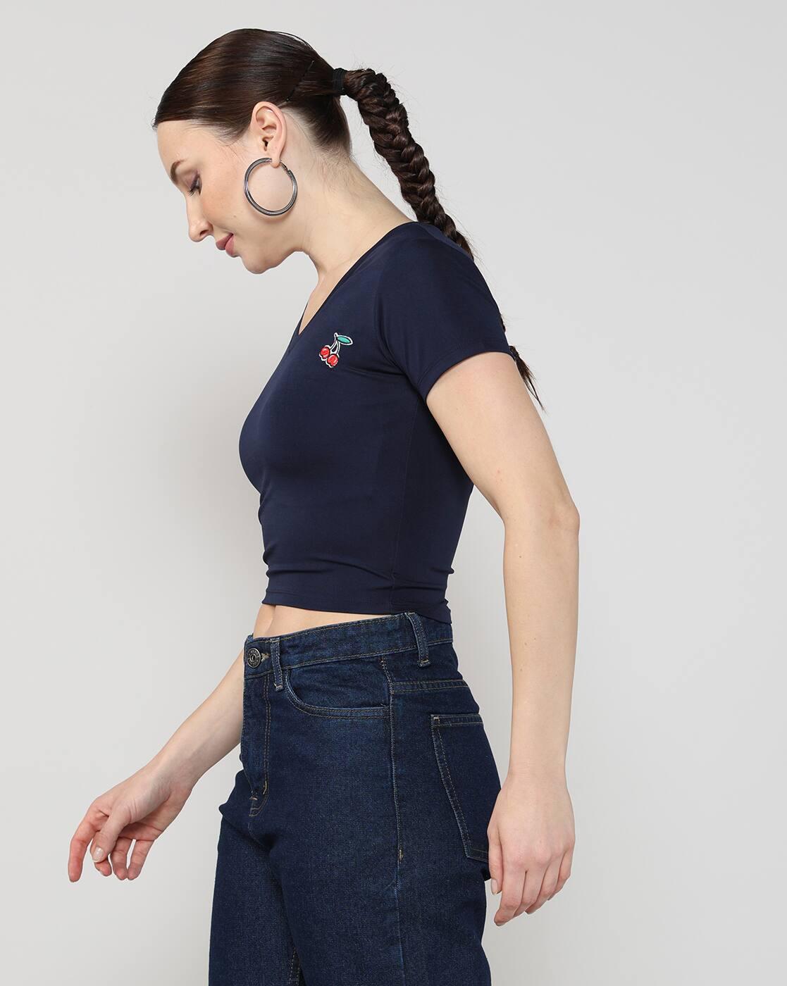 Shein Women Short Sleeve Embroidered Cherry Placement Detail Crop Top