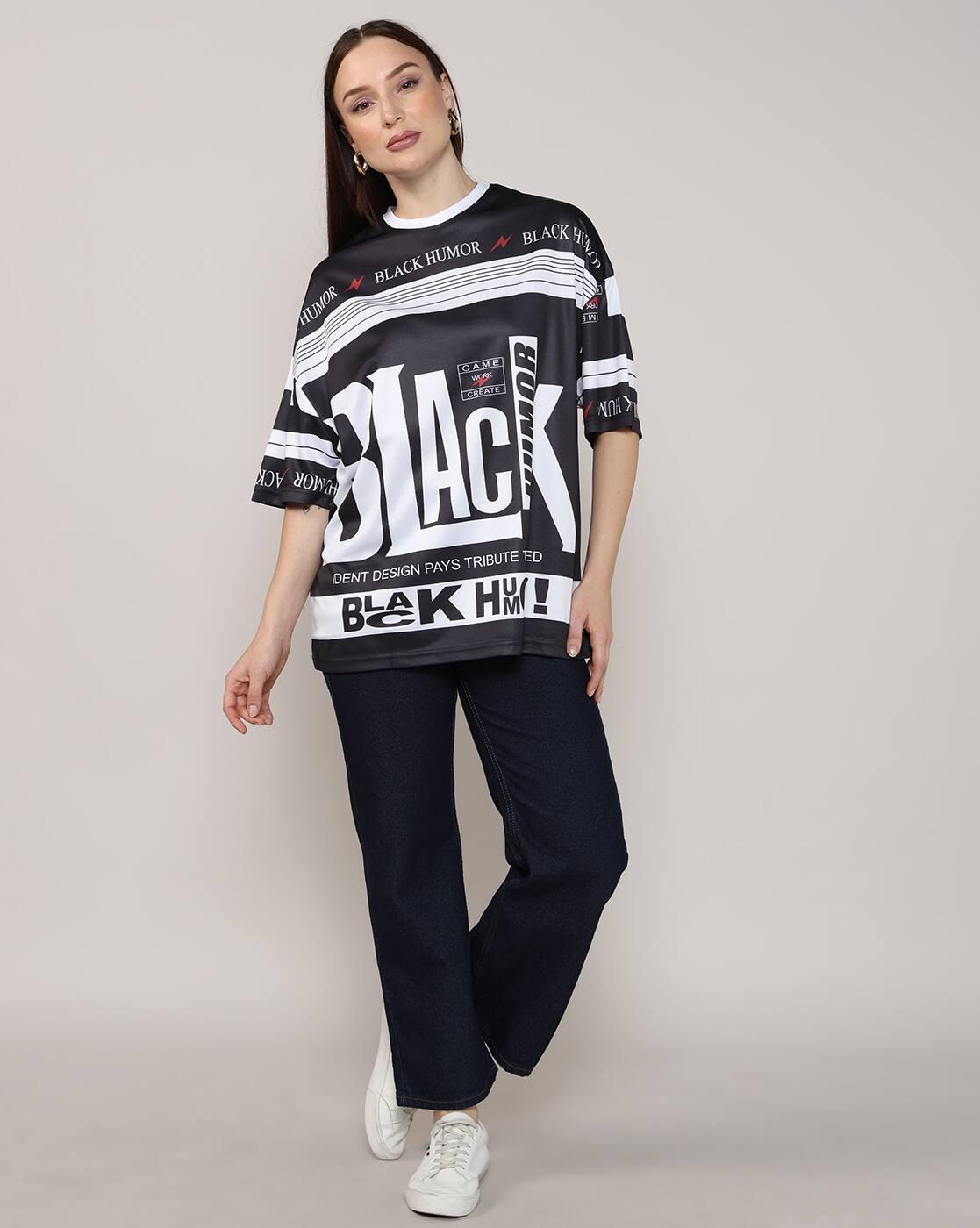 Shein Women Drop Shoulder Typographic All Over Print Crew Tshirt