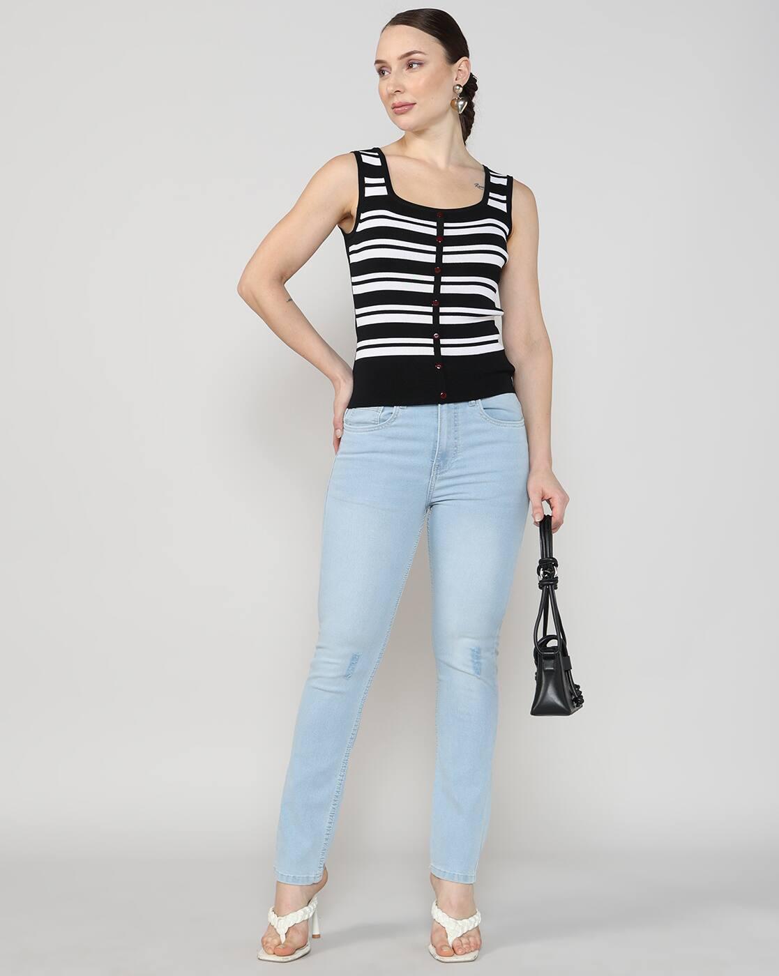 Shein Women Fly With Button Closure Light Wash Distressed Jeans