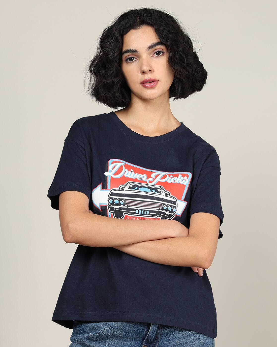 Shein Women Short Sleeve Graphic Chest Print Crew Tshirt