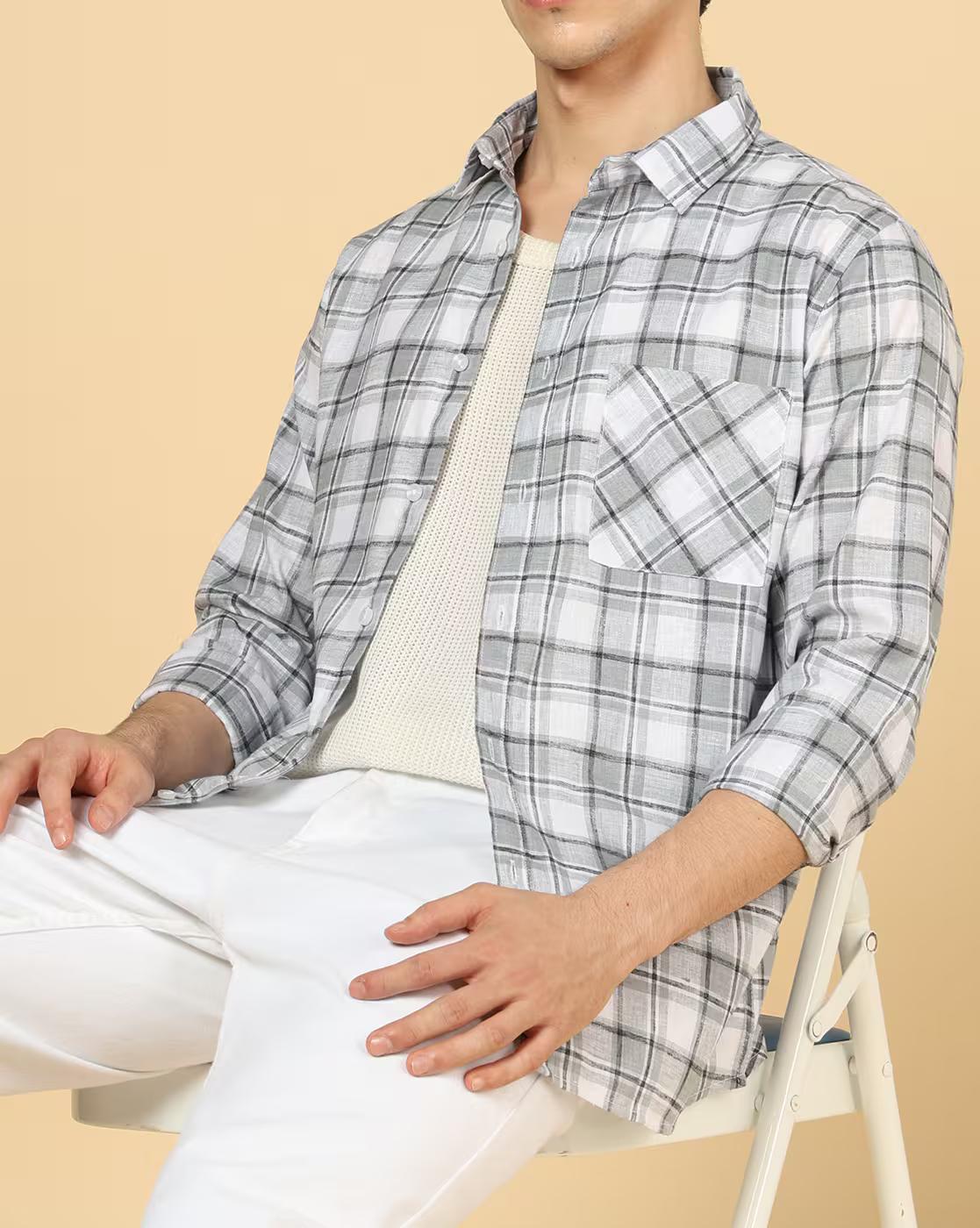 Shein Men Spread Collar Full Sleeve Checked Shirt With Pocket