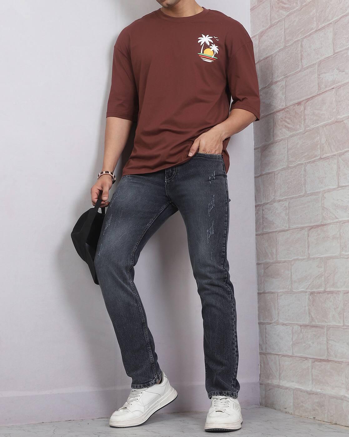 Shein Men Fly With Button Closure Distressed Mid Wash Jeans