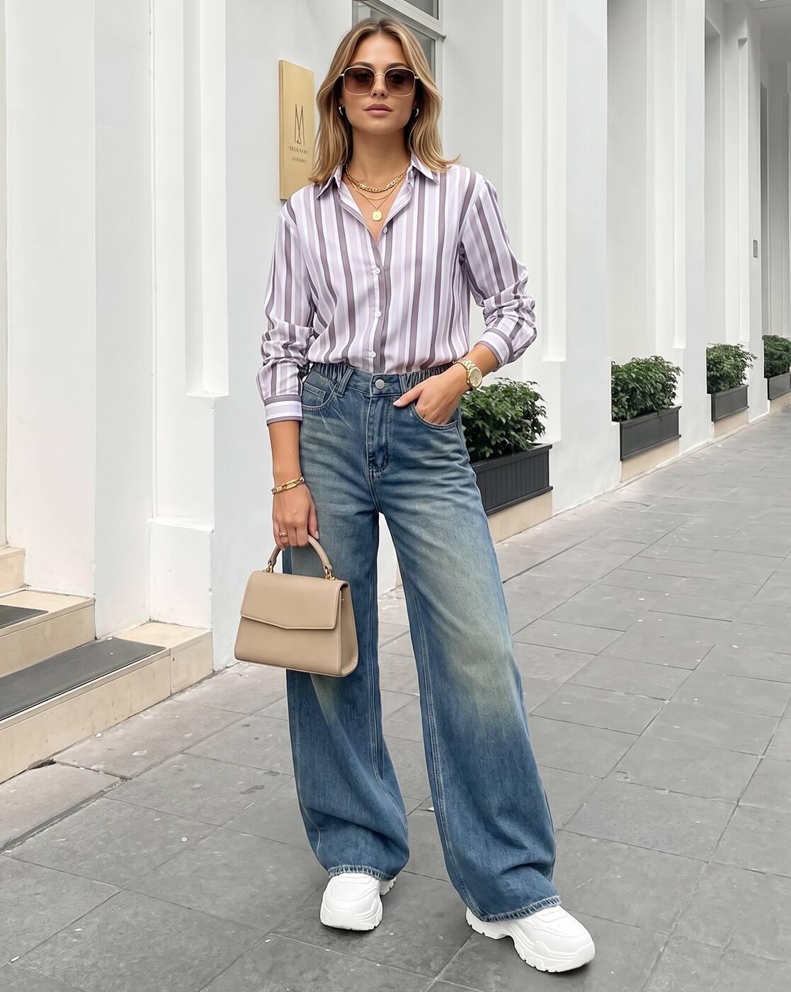 Shein Women Cuffed Sleeves Spread Collar Striped Shirt