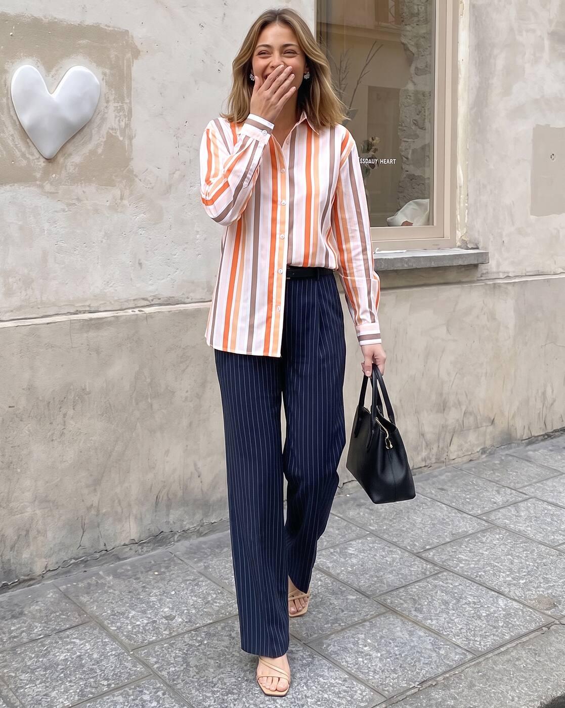 Shein Women Cuffed Sleeves Spread Collar Striped Shirt
