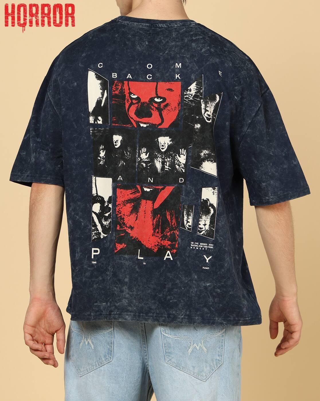Shein Men Drop Shoulder Warner Horror Pennywise Back Print Crew Tshirt