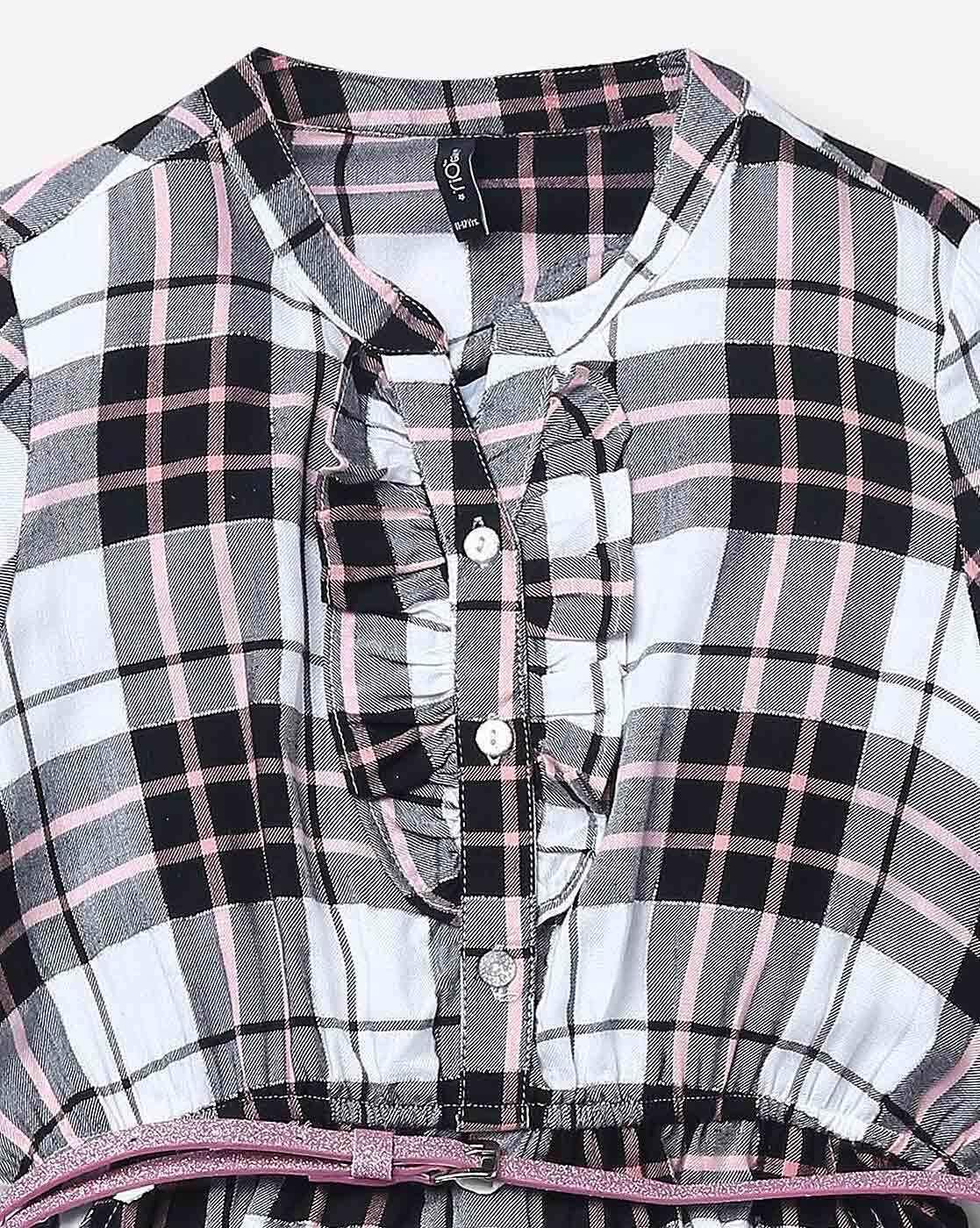 Checked A-line Dress with Buckled Belt