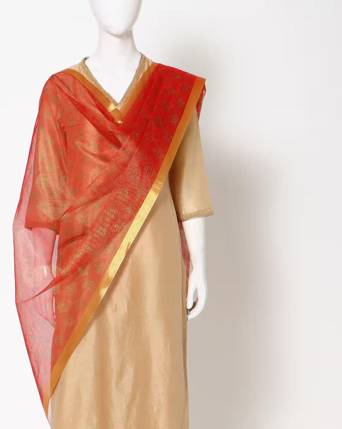 WOVEN MESH LOOK POLY CHANDERI, RED, FS