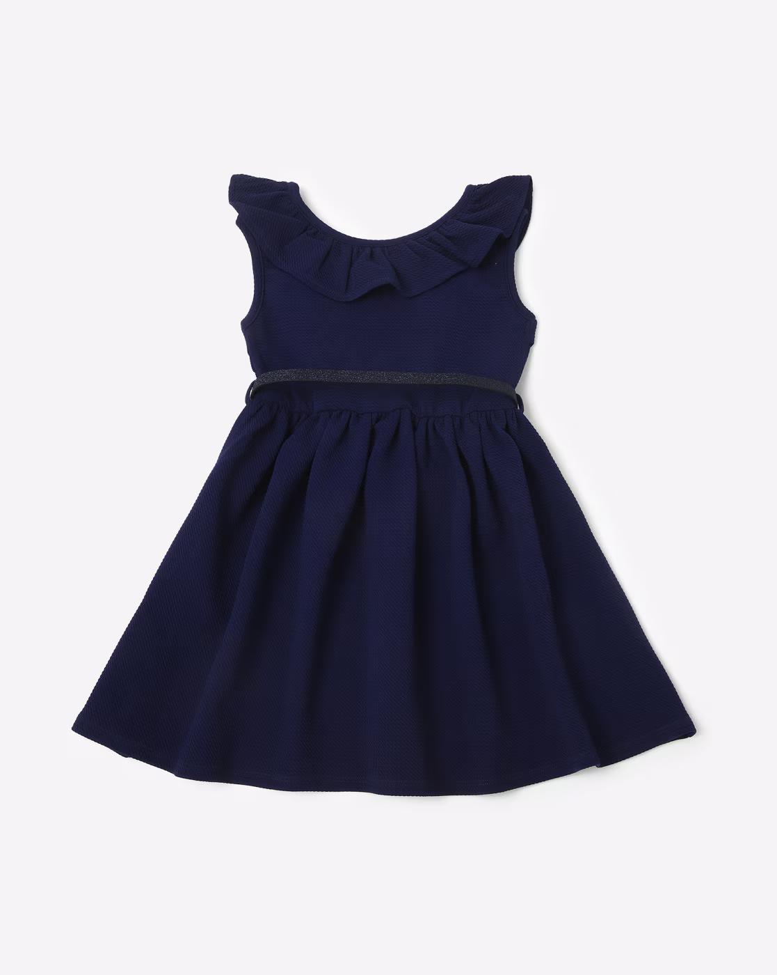 Rice-Knit Fit & Flare Dress with Ruffled Neckline