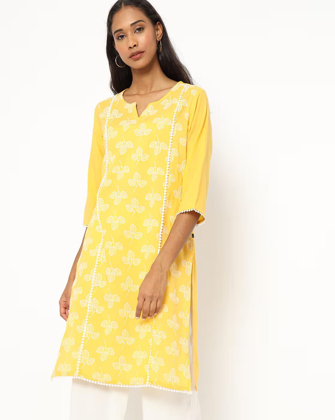 Embroidered Straight Kurta with Notched Neckline