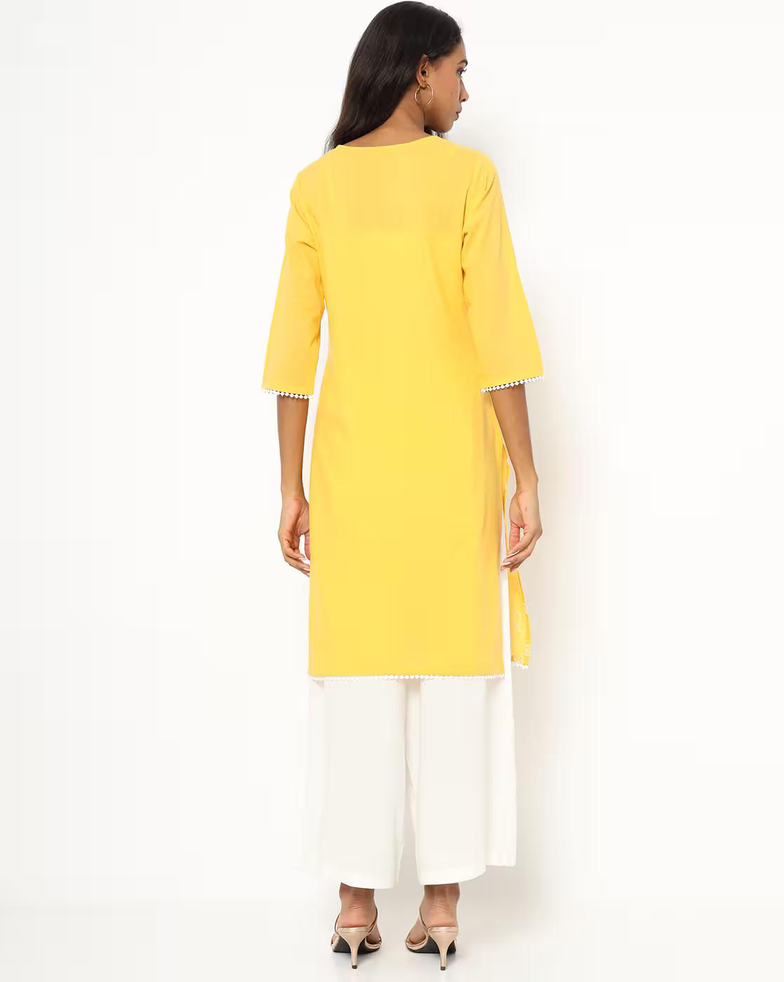 Embroidered Straight Kurta with Notched Neckline