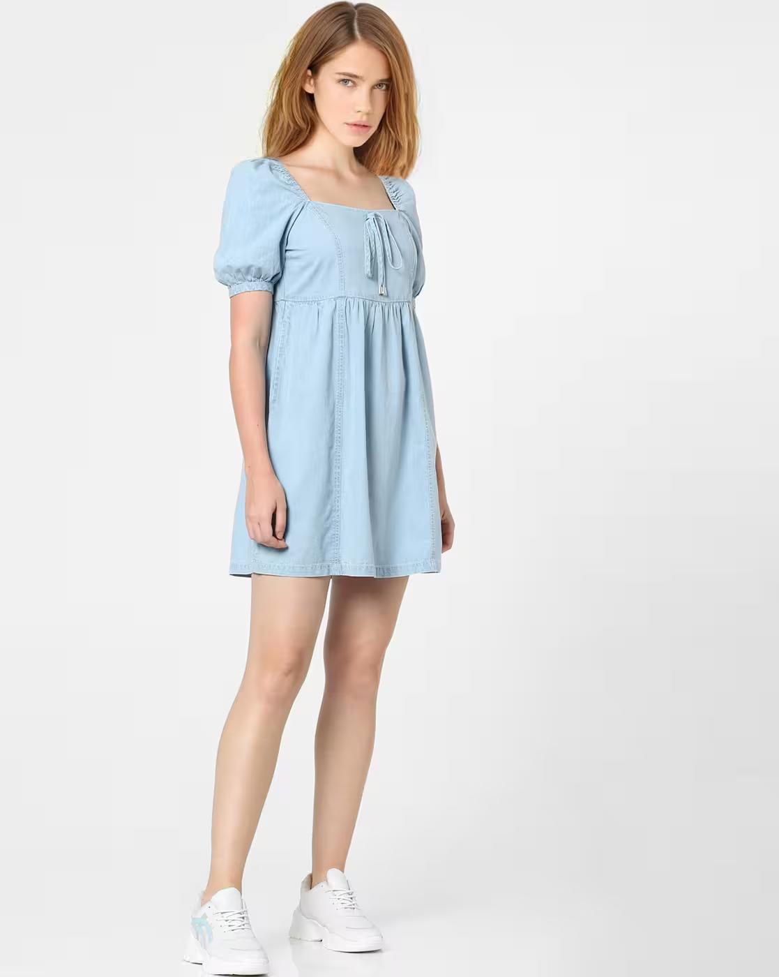 Square-Neck A-line Dress with Puff Sleeves