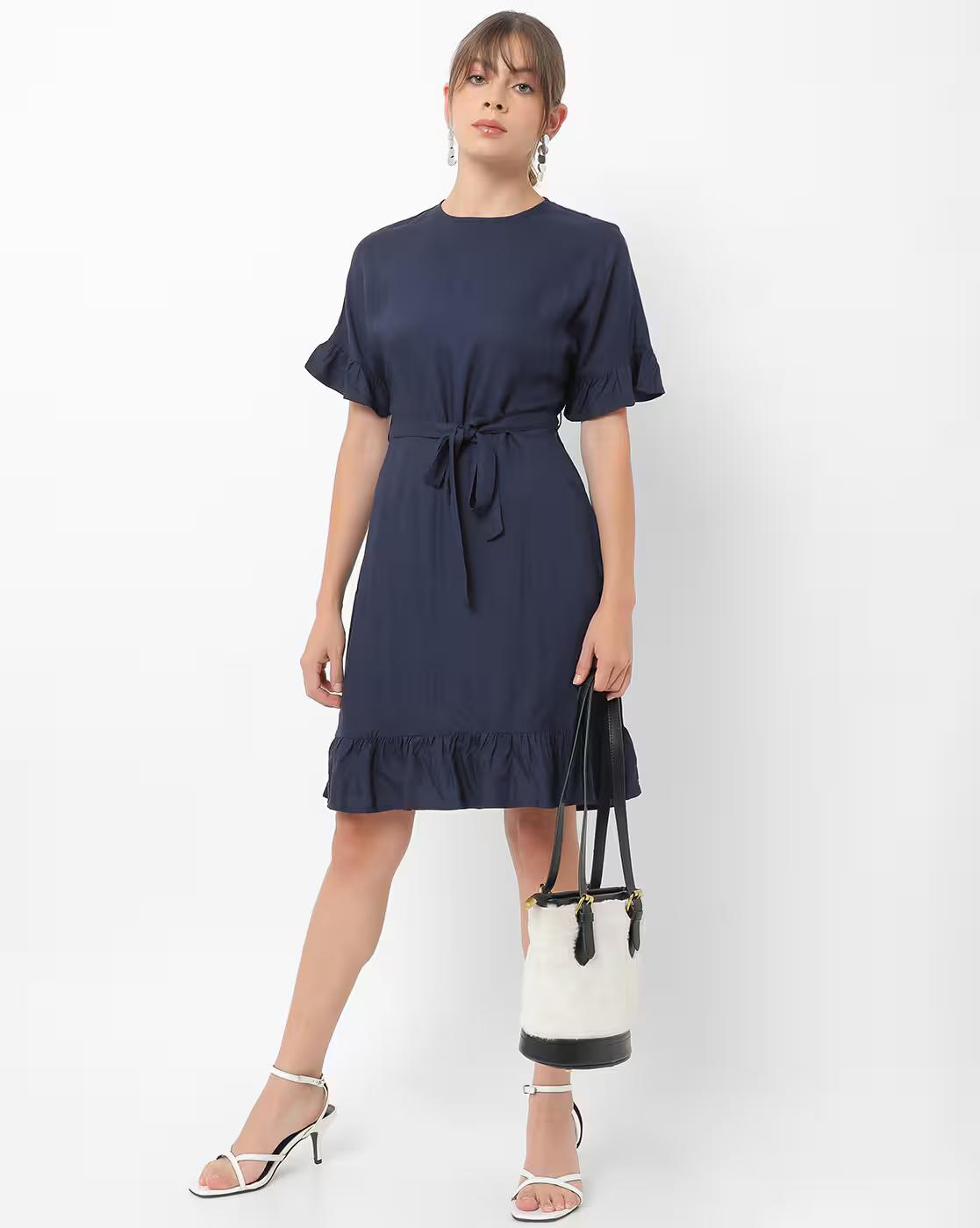 Ruffled A-line Dress with Belt