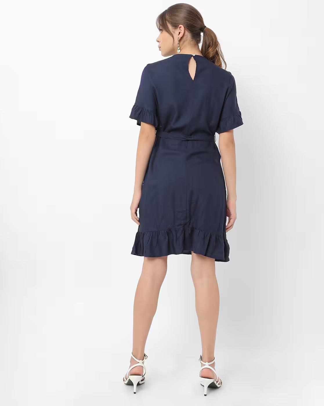 Ruffled A-line Dress with Belt