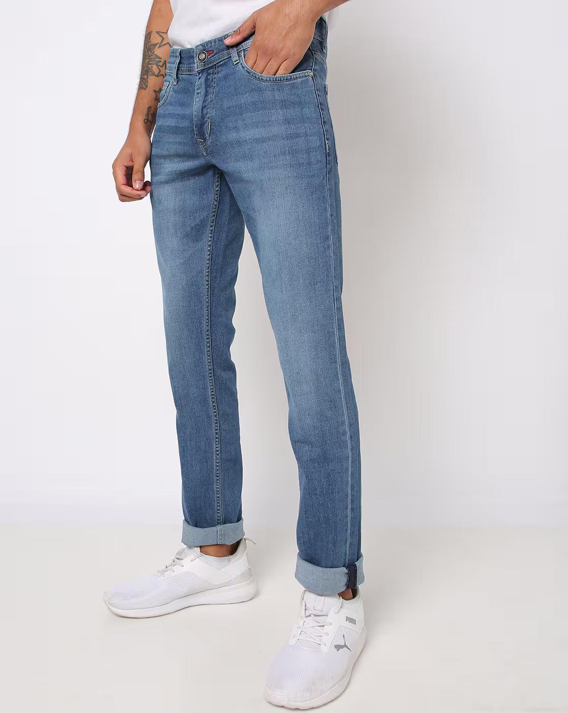 Men Mid-Wash Whiskered Slim Jeans