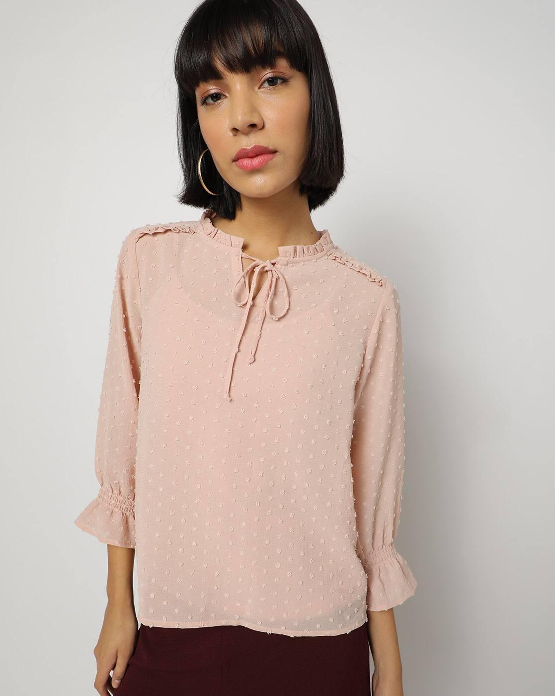Ruffled-Neck Top with Puff Sleeves