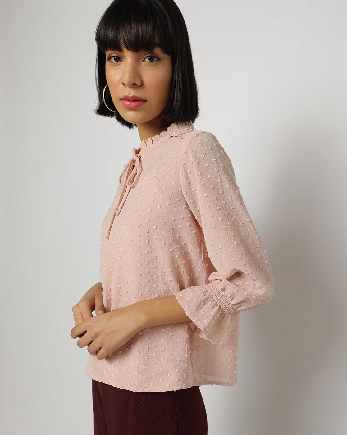 Ruffled-Neck Top with Puff Sleeves