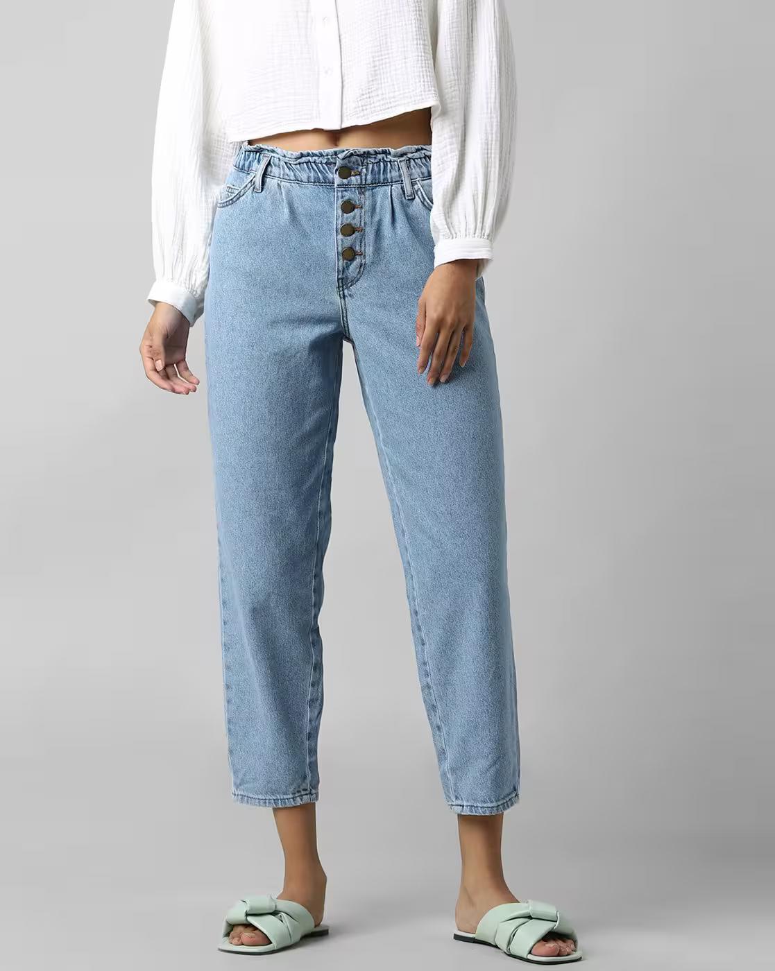 Lightly Washed Straight Jeans with Elasticated Waist
