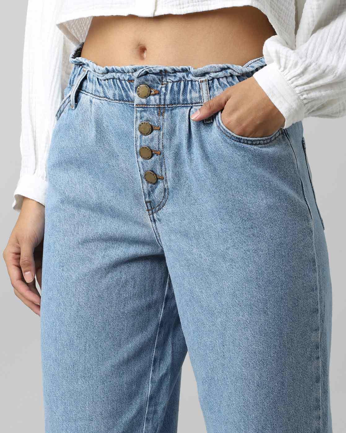 Lightly Washed Straight Jeans with Elasticated Waist