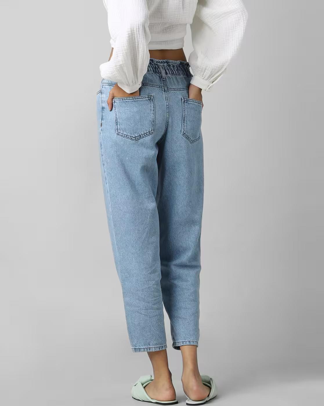 Lightly Washed Straight Jeans with Elasticated Waist