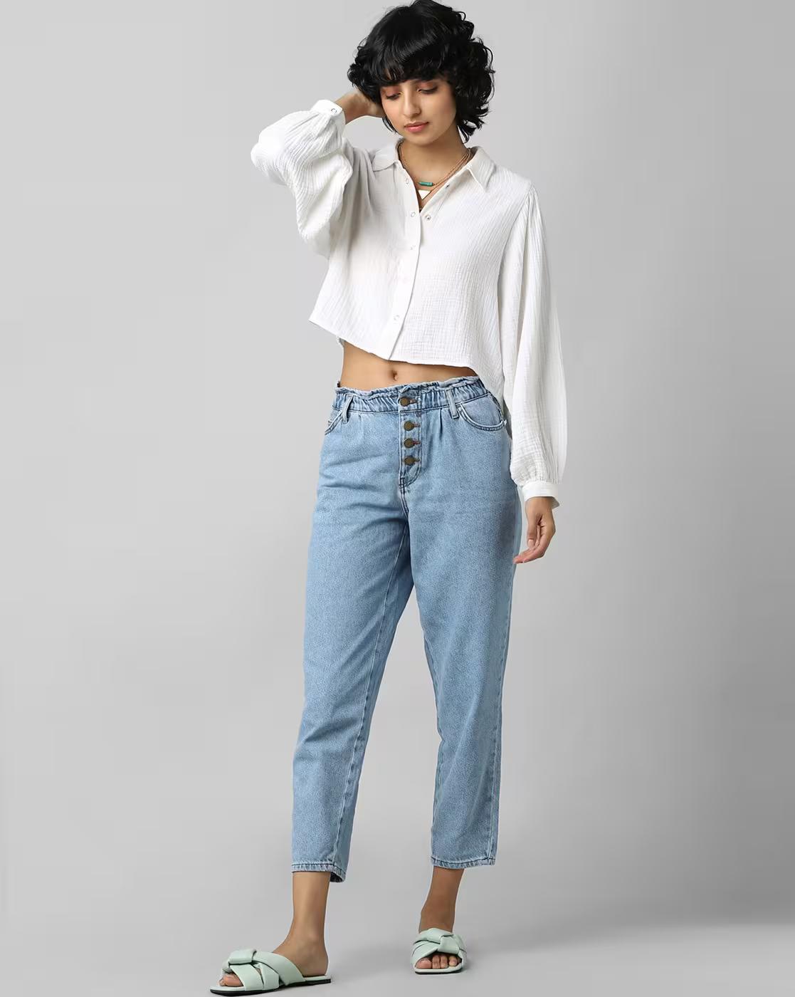 Lightly Washed Straight Jeans with Elasticated Waist