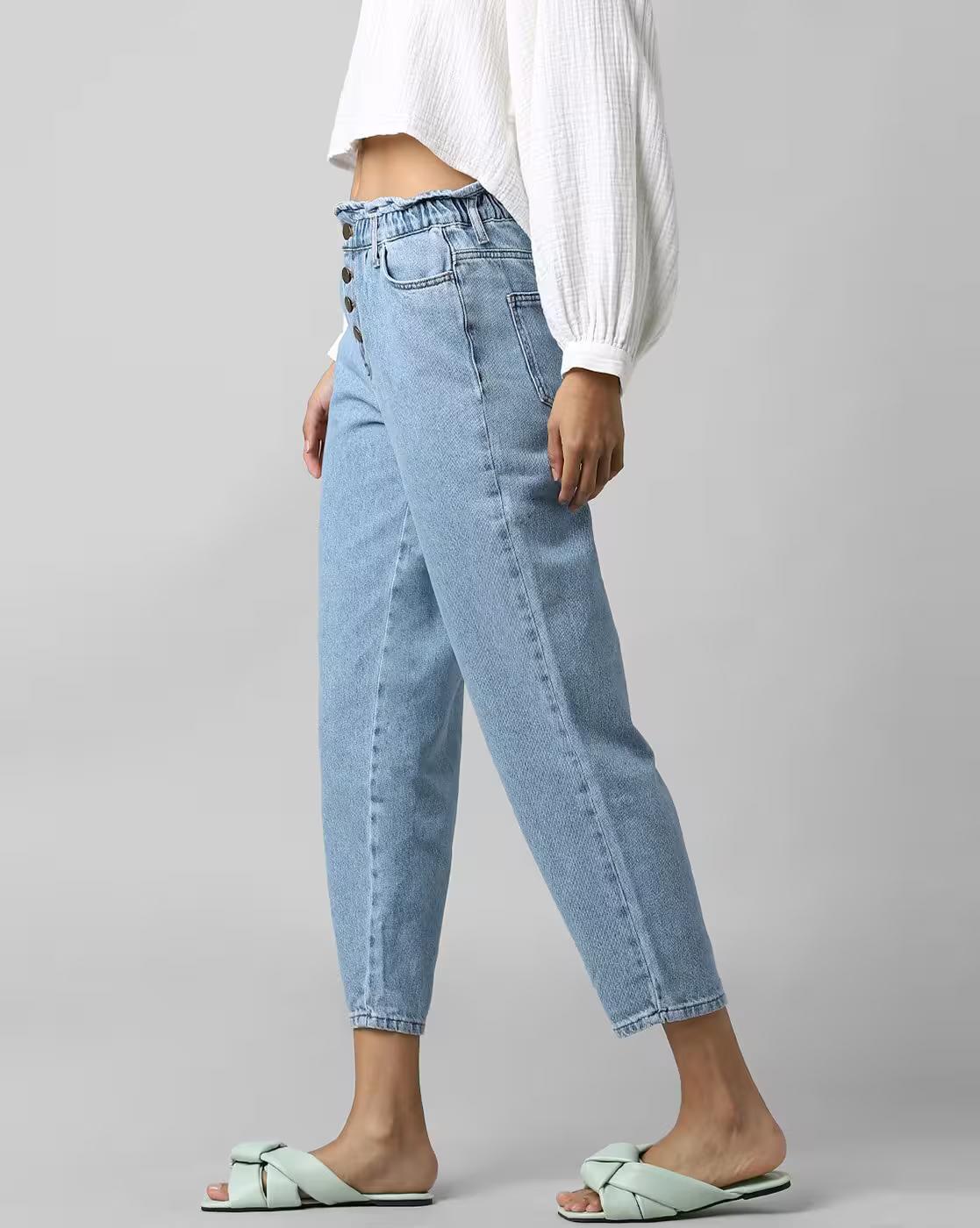 Lightly Washed Straight Jeans with Elasticated Waist