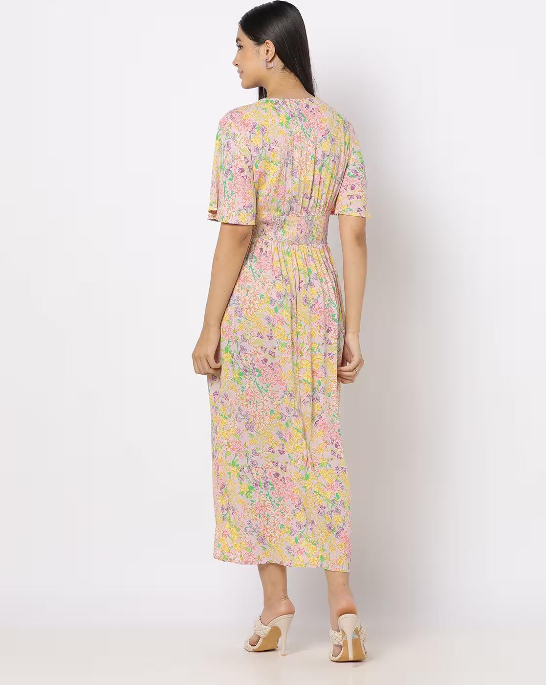 Floral Print A-Line Dress with Ruched Detailing