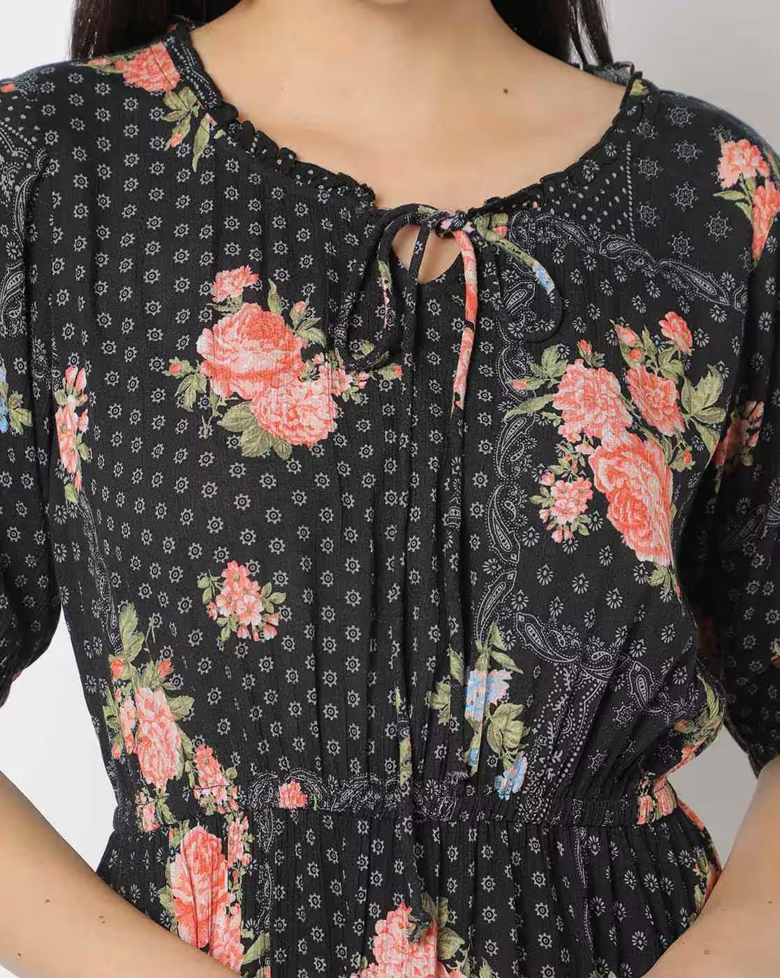 Floral Print Round-Neck Fit & Flare Dress