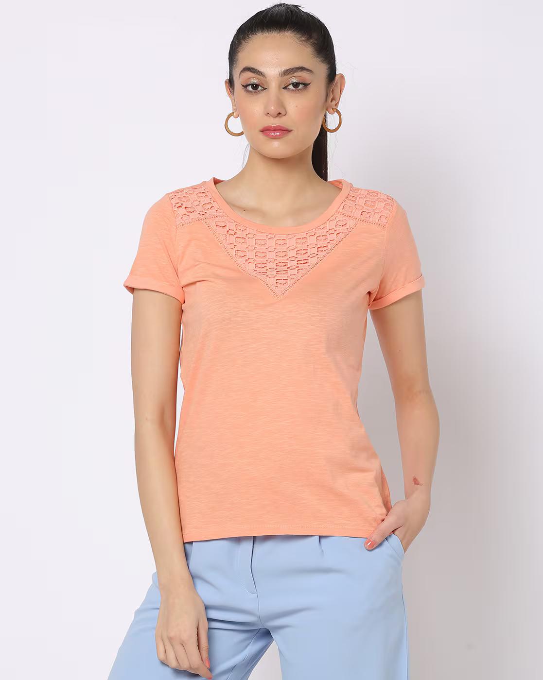 Heathered Round-Neck T-Shirt with Lace Insert