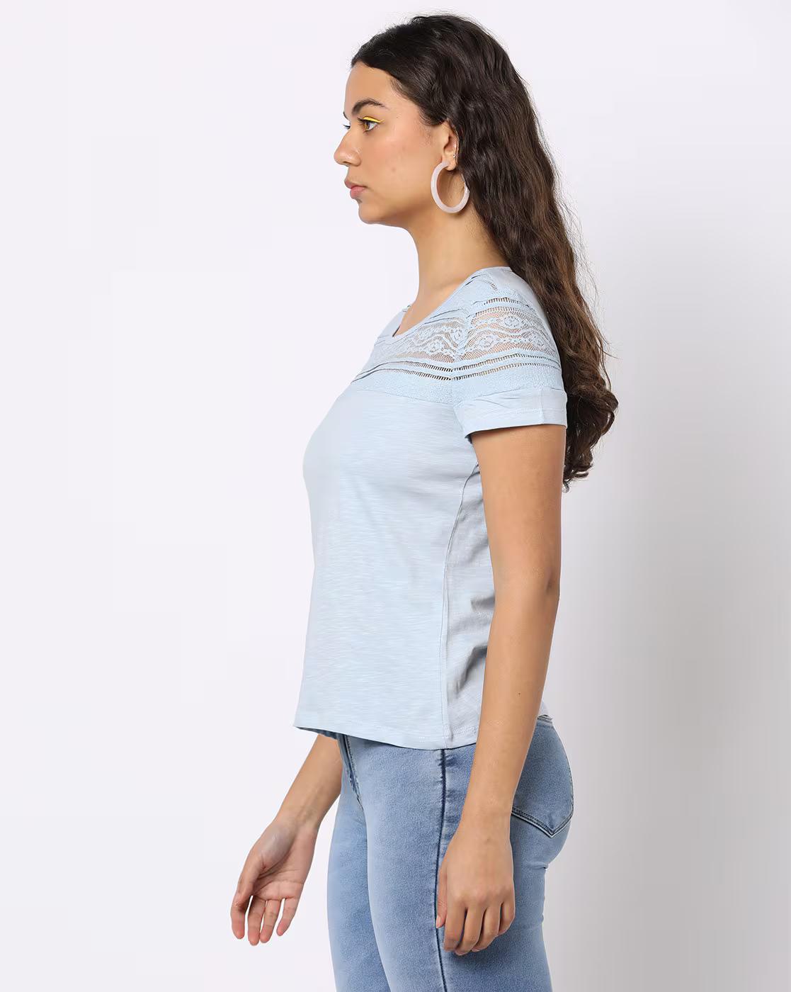 Round-Neck T-Shirt with Lace Panel
