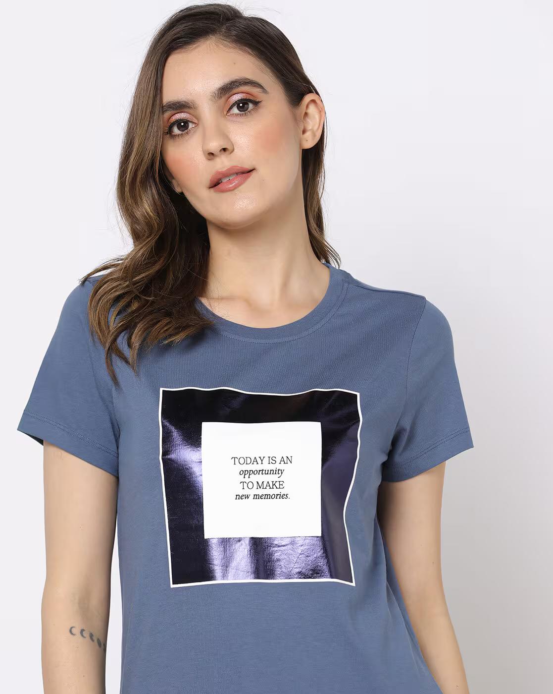 Typographic Print Slim Fit Round-Neck T-Shirt