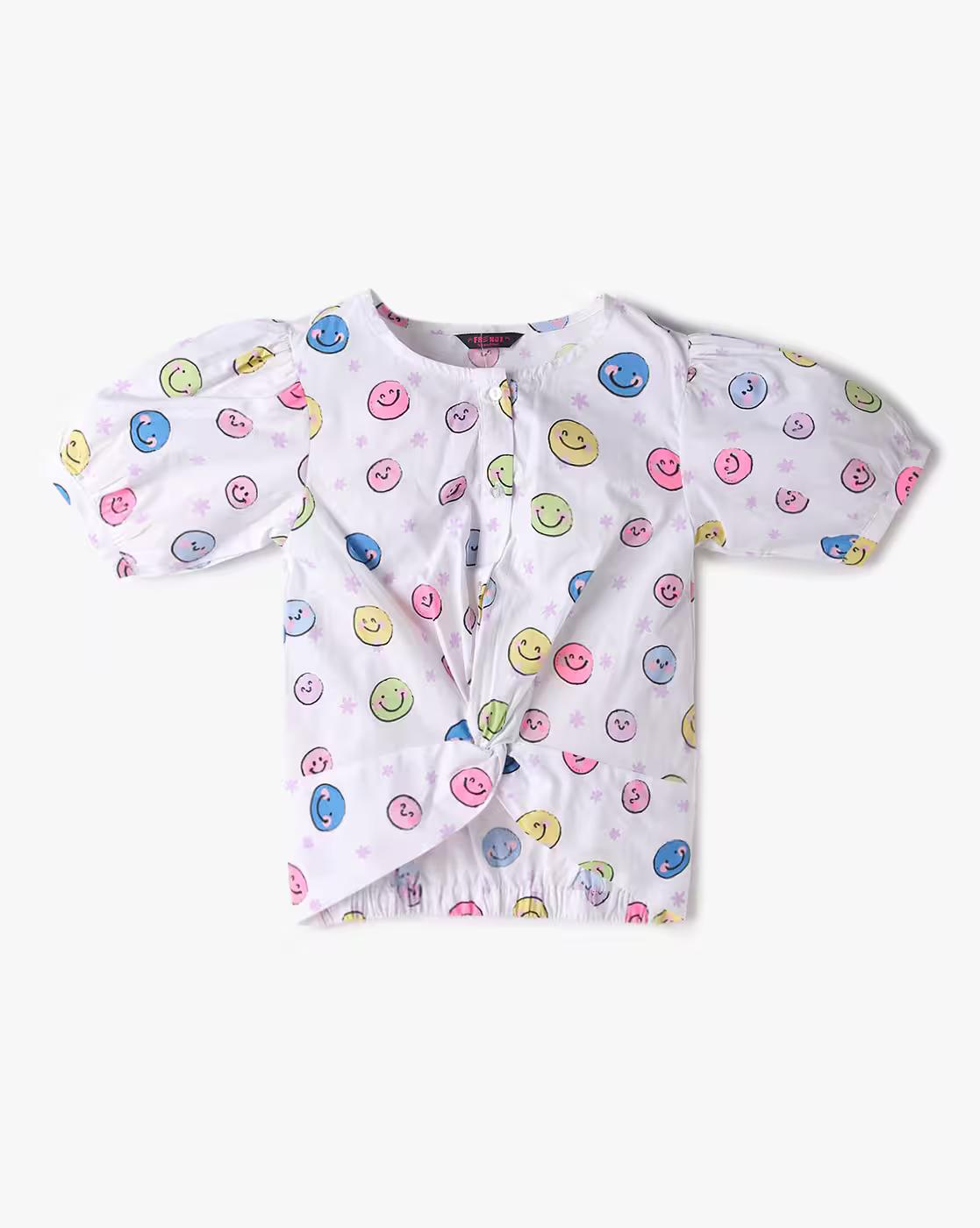 Printed Twisted Top with Puffed Sleeves