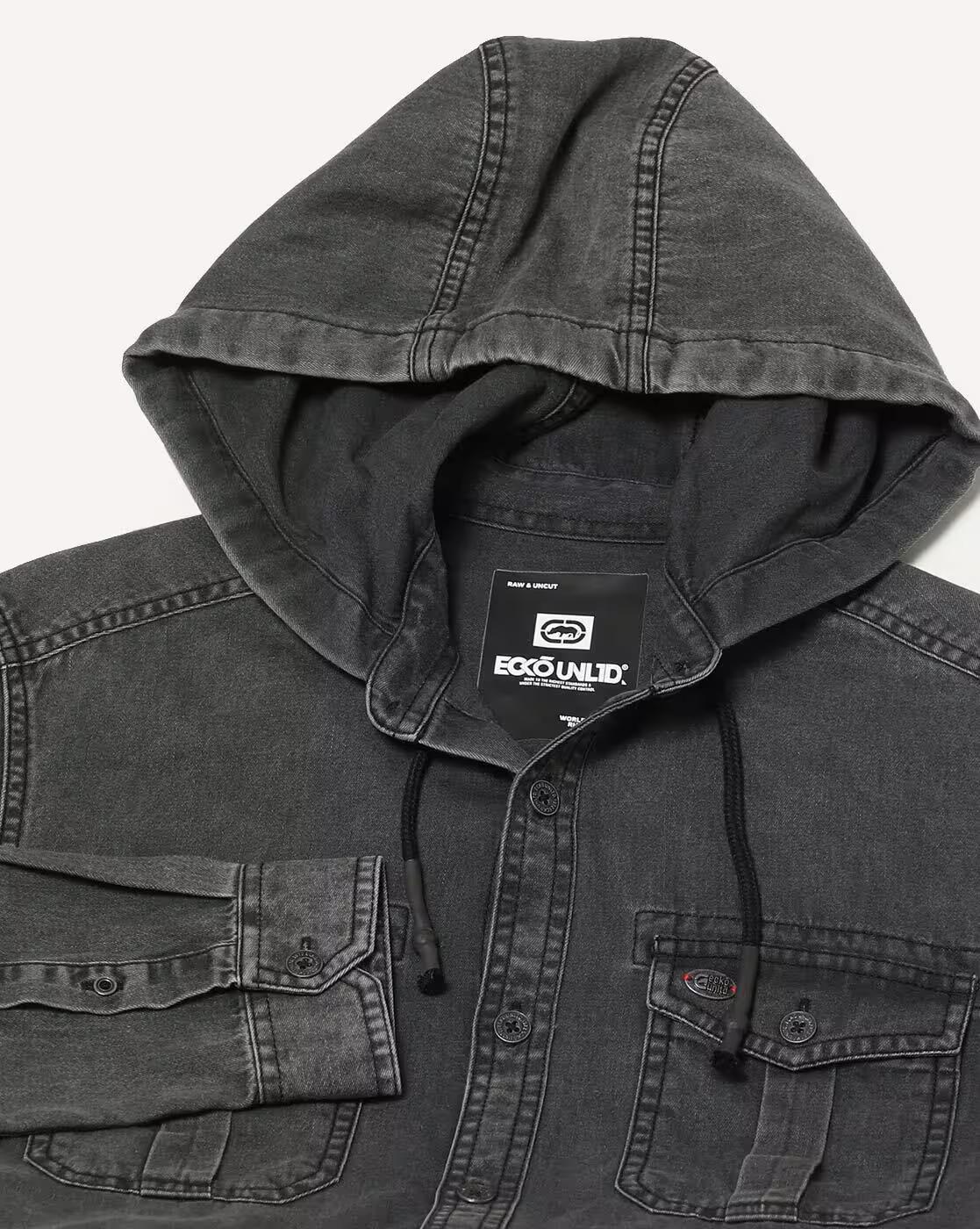 Men Lightly Washed Slim Fit Hooded Shirt with Flap Pockets