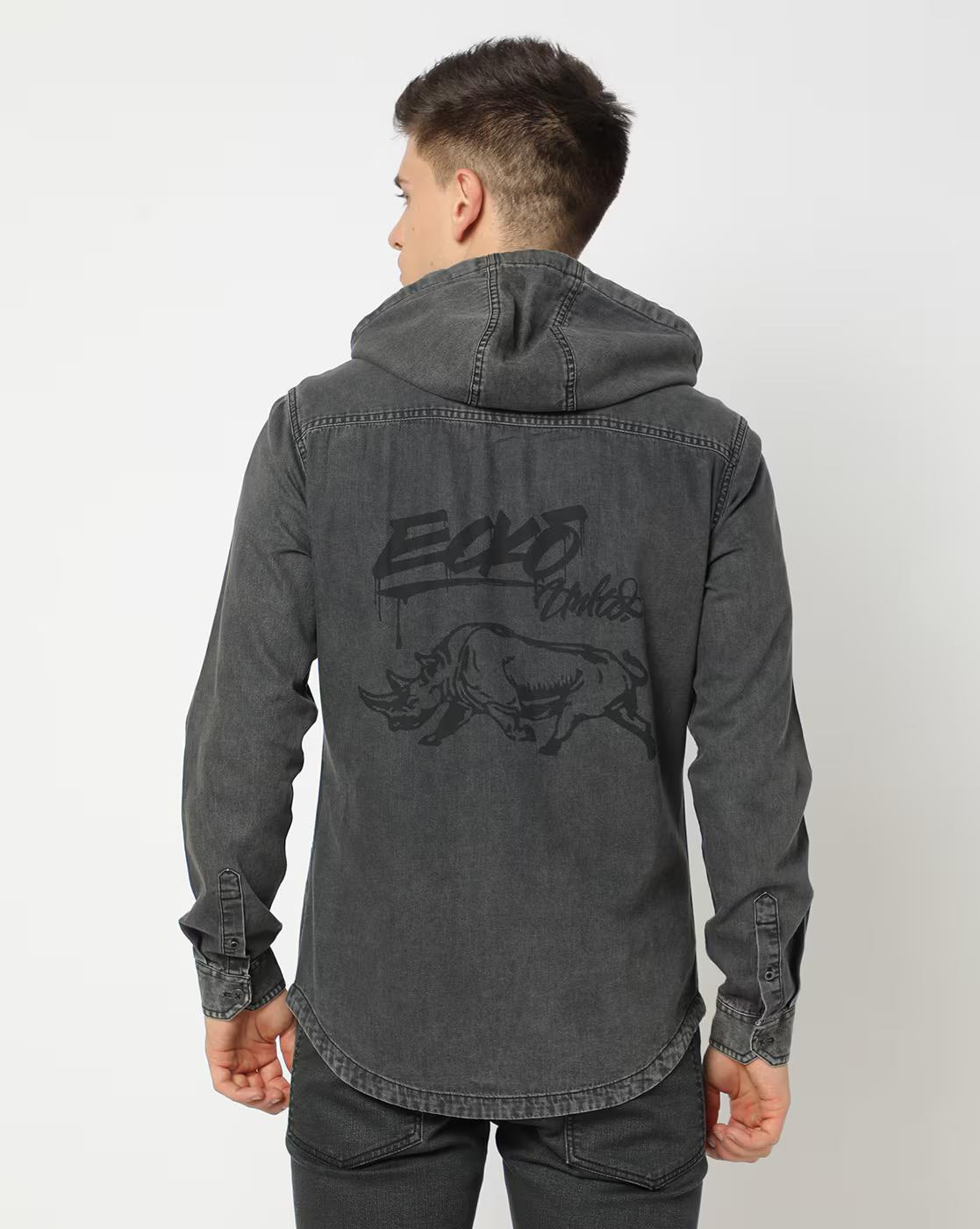 Men Lightly Washed Slim Fit Hooded Shirt with Flap Pockets
