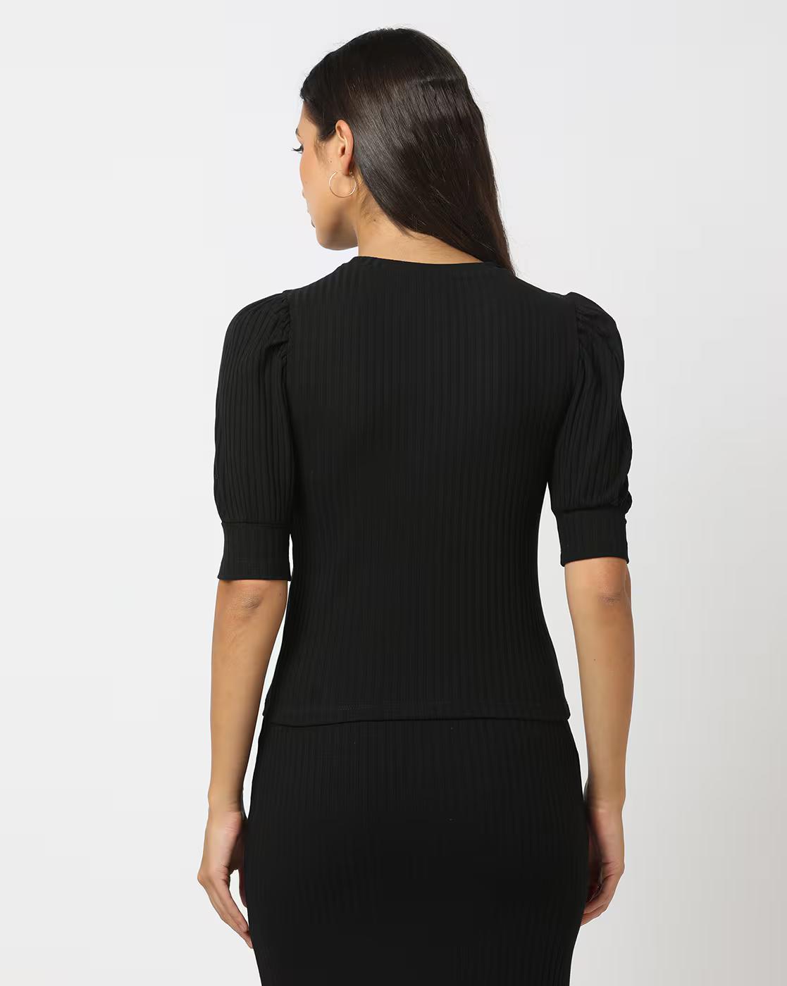 Ribbed Top with Puff Sleeves