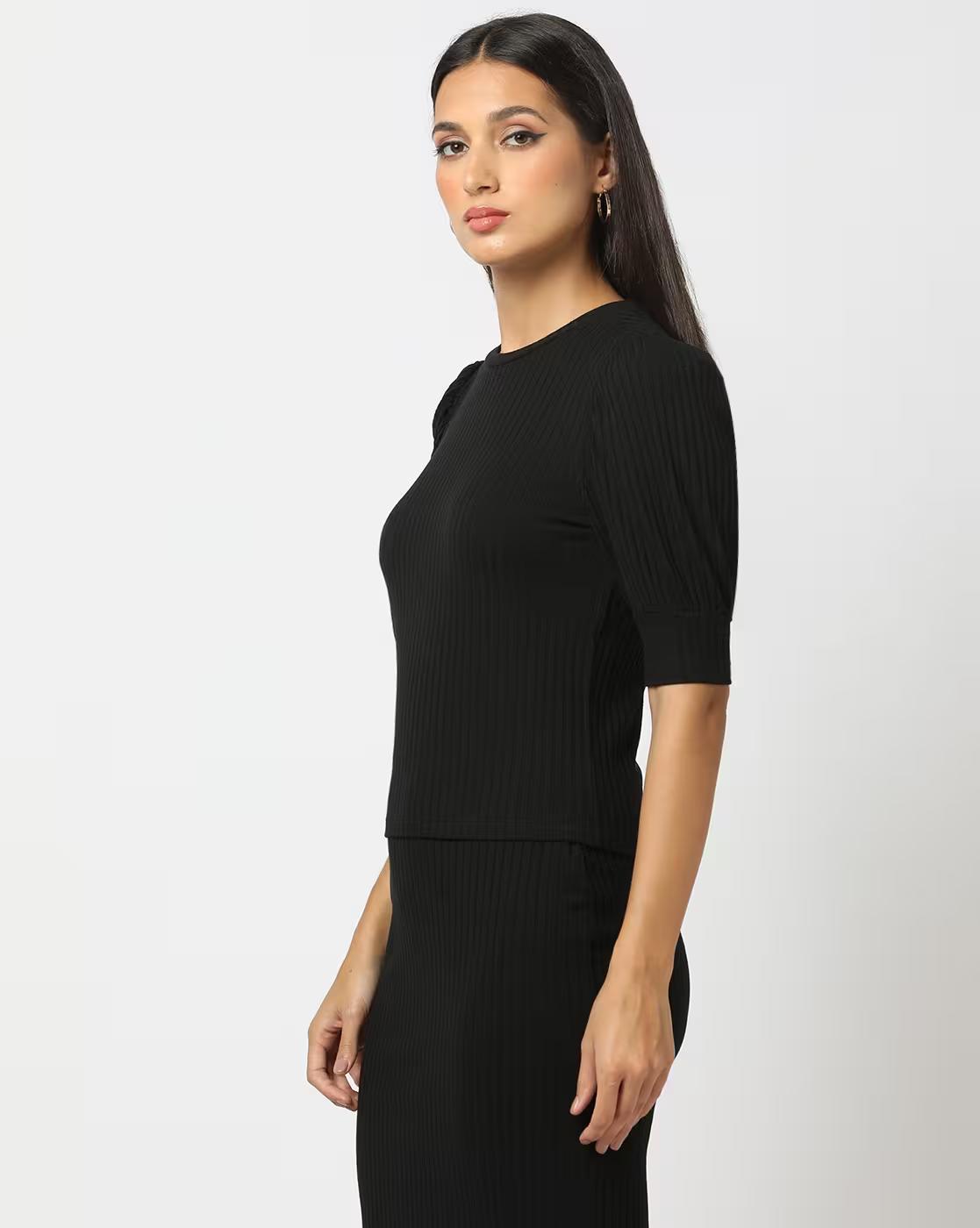 Ribbed Top with Puff Sleeves